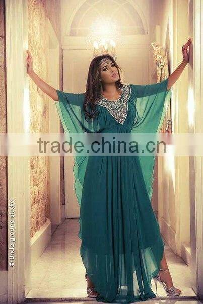 Hot Sale Beaded Scoop Neck Green Chiffon Arabic Evening Dress