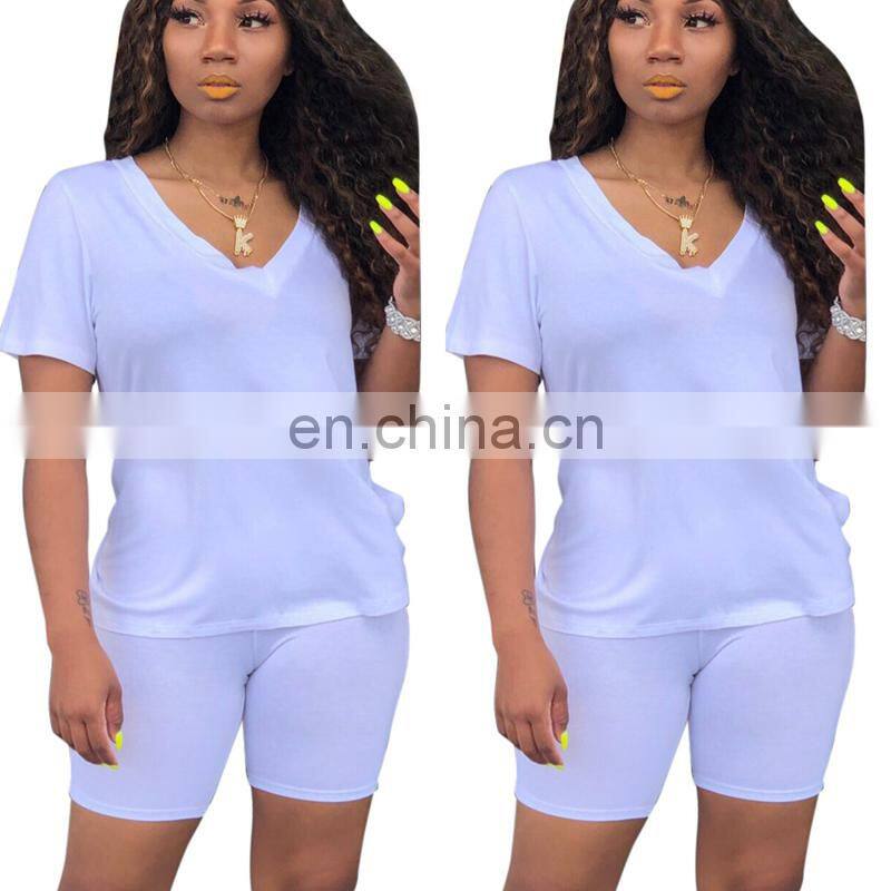 Clothing manufacturers custom logo women's plus size summer V-neck casual sports t-shirt + shorts jogging suit