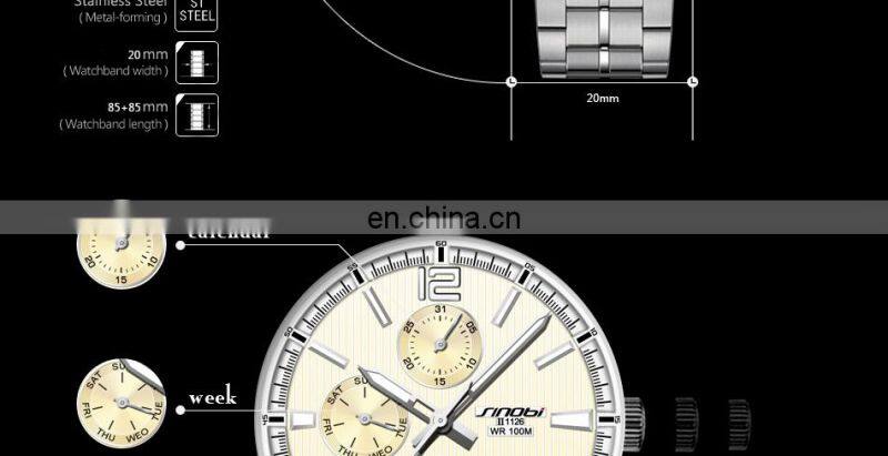 SINOBI Business Men's Watch Top 316L Stainless Steel Case & Band Calendar Date Week Display 1126G Montre Homme
