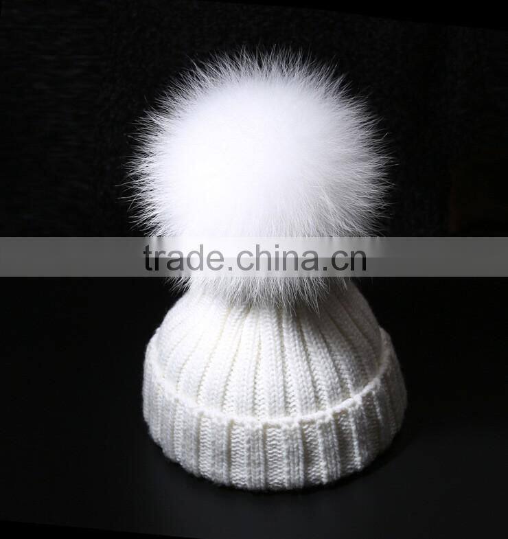 Wholesale Fashion Ladies Printed Real Fur Detachable Pom Pom Beanie Cap