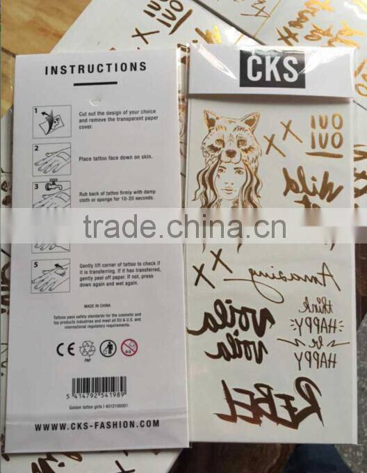 Men Body Tattoos Flash Waterproof Disposable Golden Tattoo Sticker Water Transfer Temporary Tattoo Wholesale Customized