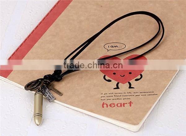 Factory wholesale vintage genuine leather cord necklace with bullet pendant