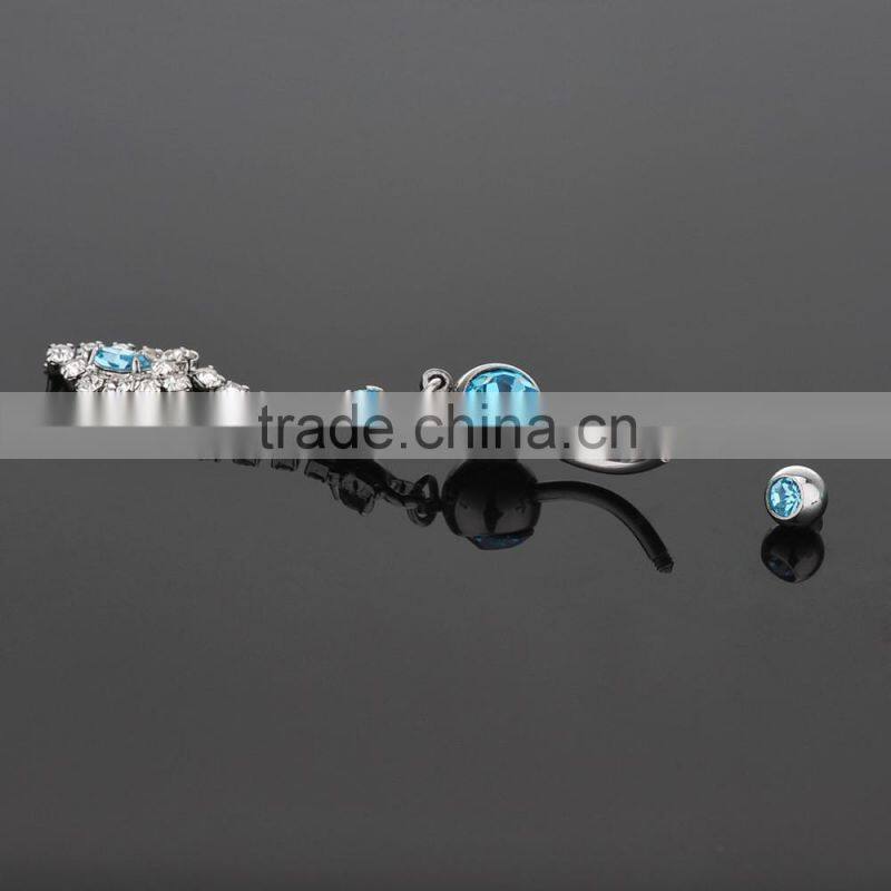 Multi Clears Gems Paved Tassel With Bluish CZ Drop Down Charms Dangle Belly Button Naval Ring.