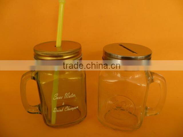 glass mason jar with handle and straw