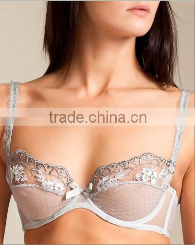 stylish mesh embroidery lace unpadded bra and string panty lady underwear set