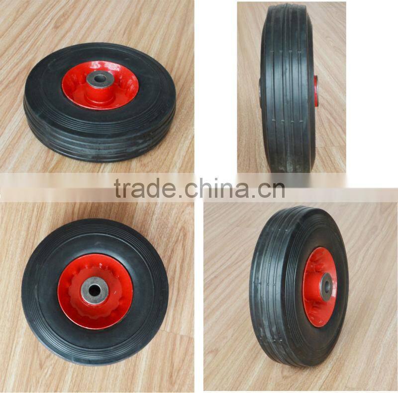 8x2.5 inch solid rubber wheel with rib tread and red iron rim for mowers or material handling equipment