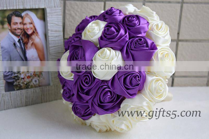 Elegant Purple Satin Ribbon Pearls Bridal Bouquet Bridesmaids Bouquet Wedding Flowers