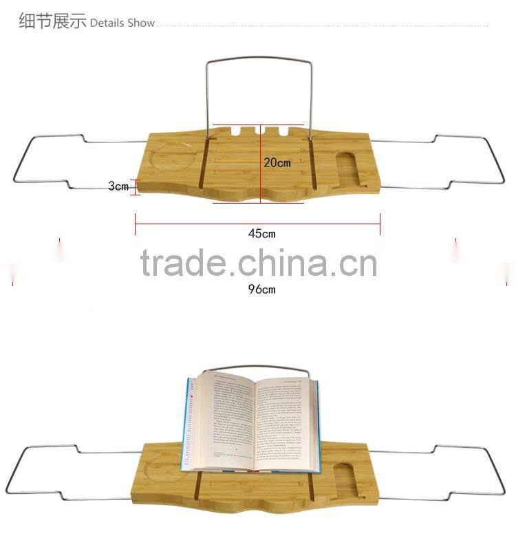 Non-Slip Bamboo Bathtub Caddy with Extending Sides Adjustable Handcrafted Bath Tray with Reading Rack Wine Holder Cellphone Tray