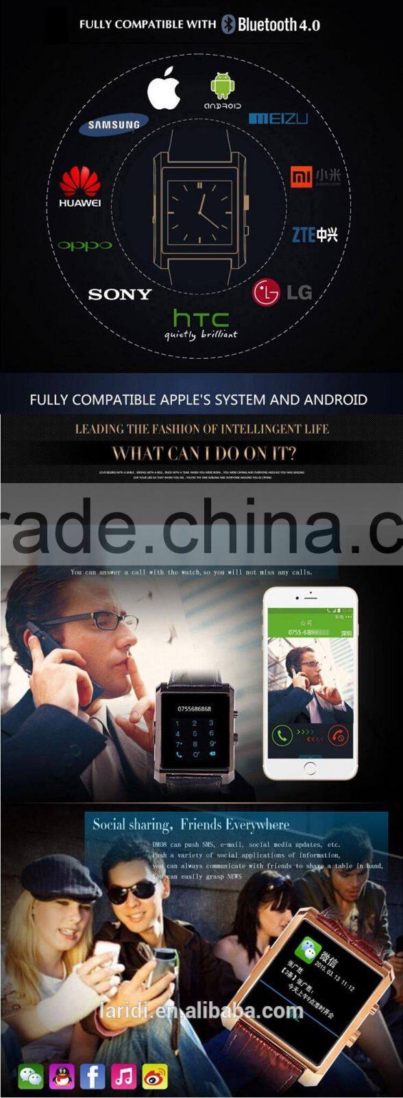 2015 New arrived smartwatch DM08 Smart watch with bluetooth podemeter heart rate monitor and many functions