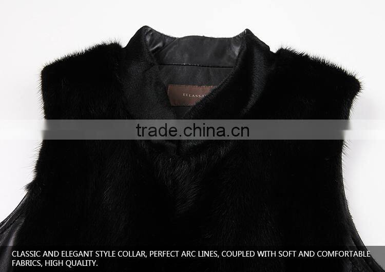 China custom women black leather vest with fur