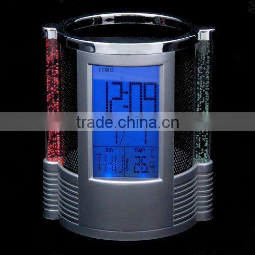 Digital LCD Desk ALarm Clock & Mesh Pen Holder Pens Rulers Office Tidy LED Light