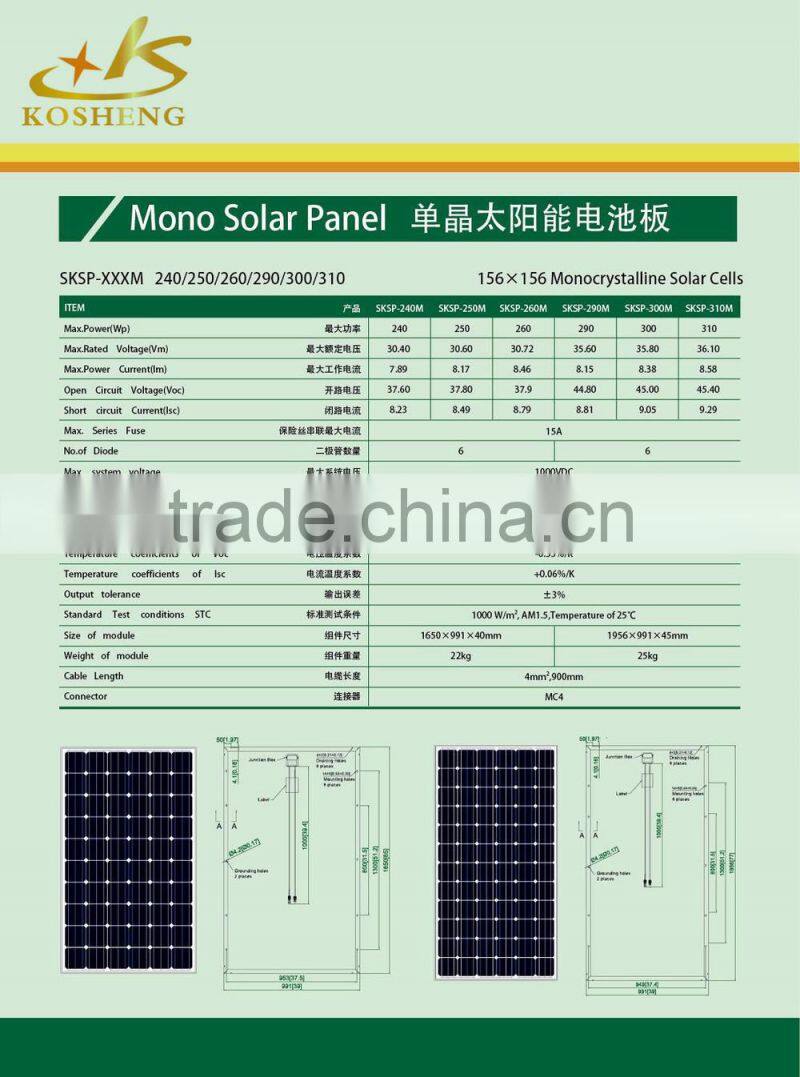 A-grade cell high efficiency 5W-300W MONO PV solar panel