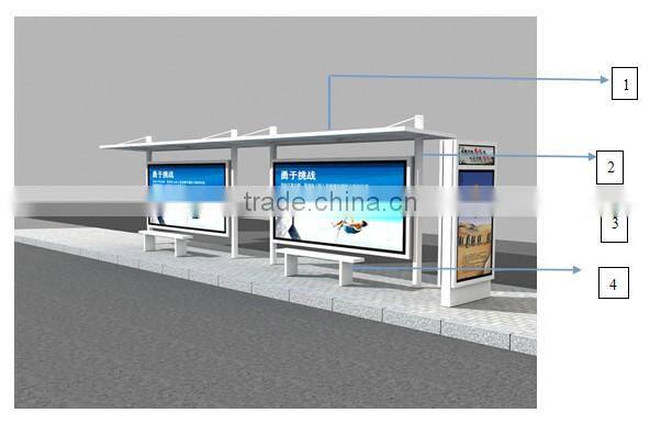powder coating metal prefabricated bus stop shelter with low price and lightbox in foshan for 32 years