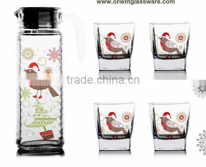 classic Glass water jug set 1000ml christams color printing glass jug set water pitcher set juice decanter