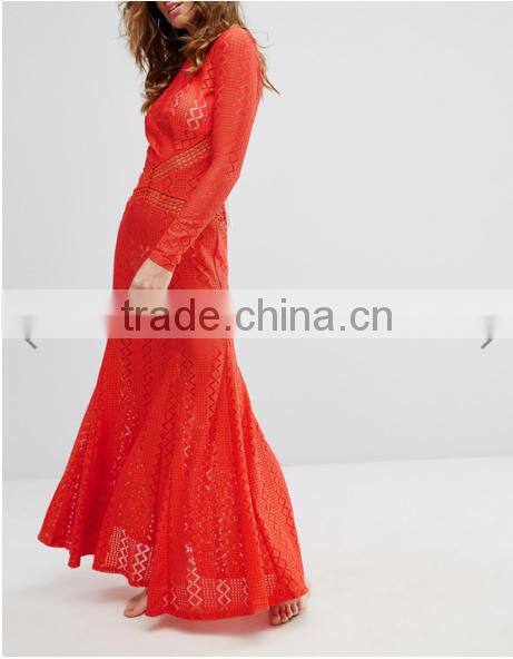 OEM Service Formal Dress Round Neck Sexy Back Open Tight Pencil Women's Lace Long Sleeve Evening Dress