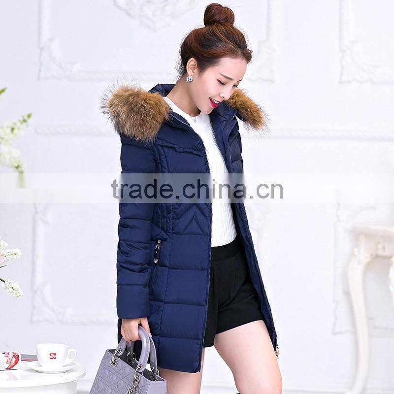 OEM Wholesale Winter Women Thicken Cotton Fur Collar Hooded Down Long Parka Jacket Coat