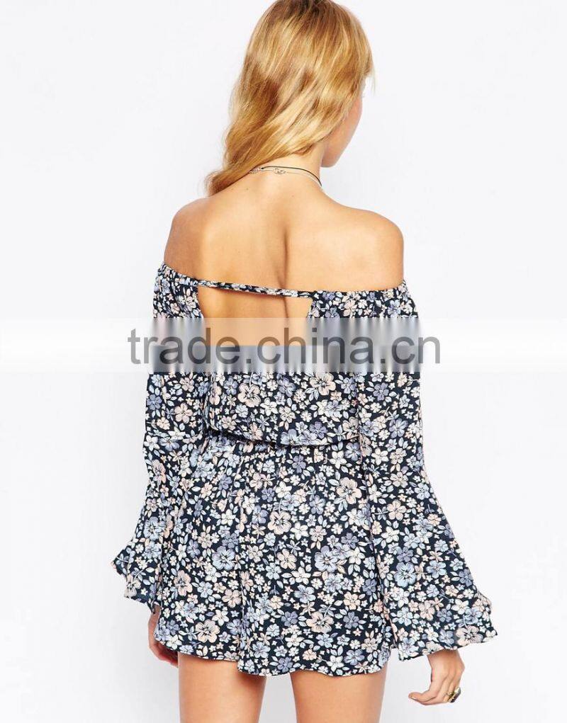 2015 fashionable hot sale OEM customized Off Shoulder Romper with Flutter Sleeves in Pretty Floral Print