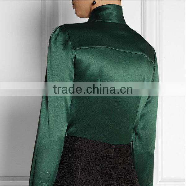 New high quality lady simple long sleeve green satin pussy bow blouse