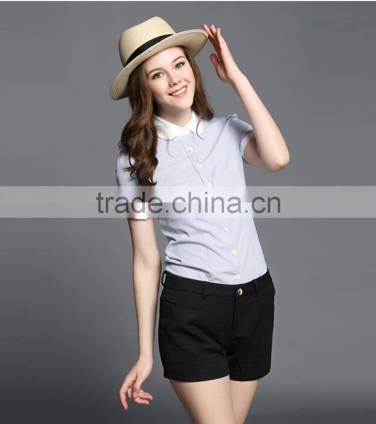 Ladies Fashion Short Sleeve Shirt Contrast Collar And Cuff Shirt