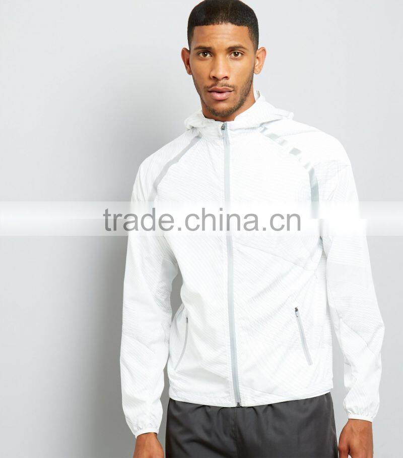 100% Polyester All Over Print Reflective Trim White Hooded Sports Jacket Mens With Mesh Lining Inside Simple Long Sleeves