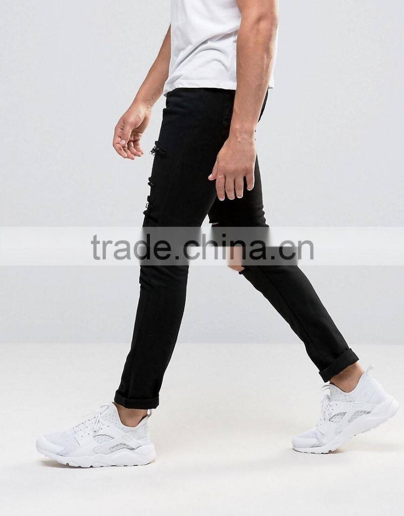 2016 Mens Stretch Skinny Jeans Distressed Denim Jeans In Black