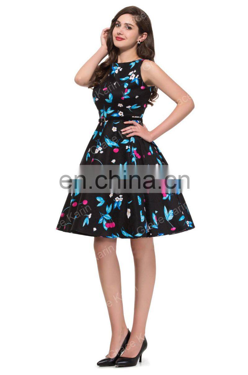 Grace Karin Many Colors Sleeveless Cotton Cheap Short 50s Retro Print Dress CL6086-17#