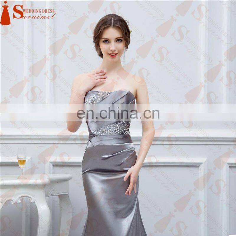 Silver Gray Bridesmaid Dresses Long Silk Satin Mermaid Shining Crystals Beaded Cheap Brides Maid Of Honor Real Photos Free Ship