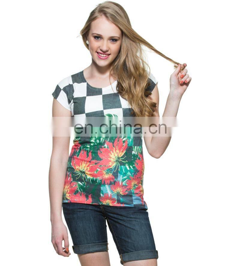 2015 Factory direct price wholesale Ploycotton Chess Board With Retro Flower Print T-shirt