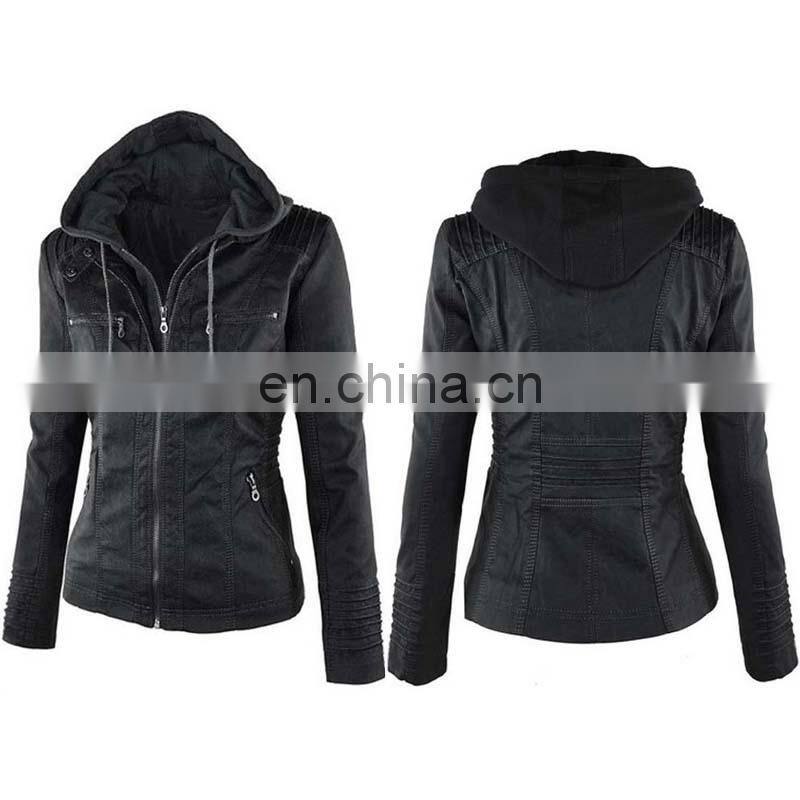 Customized wholesale Plus size women's detachable hooded leather jacket coat top motorcycle jacket PU pilot motorcycle suit
