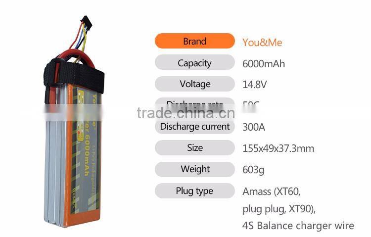 You&Me 14.8V 6000mah 4S 60C lipo battery for RC quadcopters &RC drone