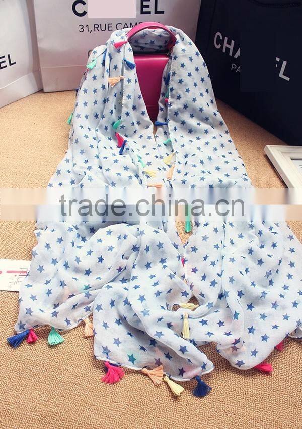 Hot Selling Korean Navy Star Printed Colorful Tassels Fashion Ladies Scarf