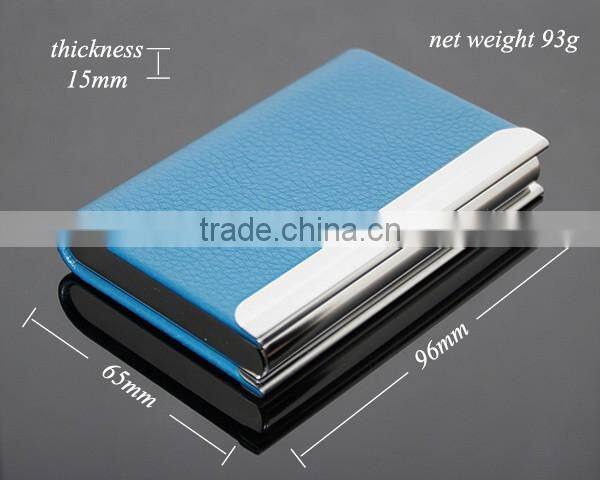 High Quality Box Packing Lichee Pattern Blue Leather Flannelette Lining Stainless Steel Metal Novelty Leather Credit Card Holder