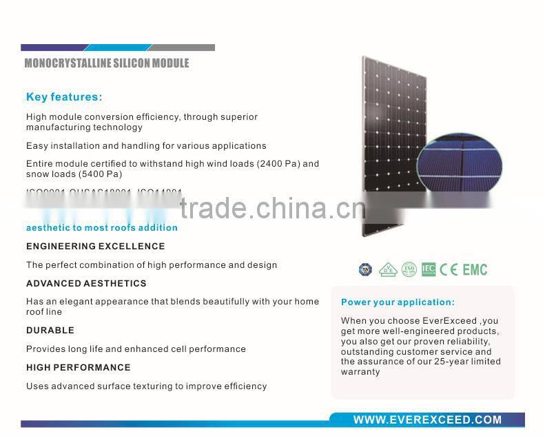 EverExceed 156*156mm Monocrystalline Solar Panel with TUV/VDE/CE/IEC Certificates