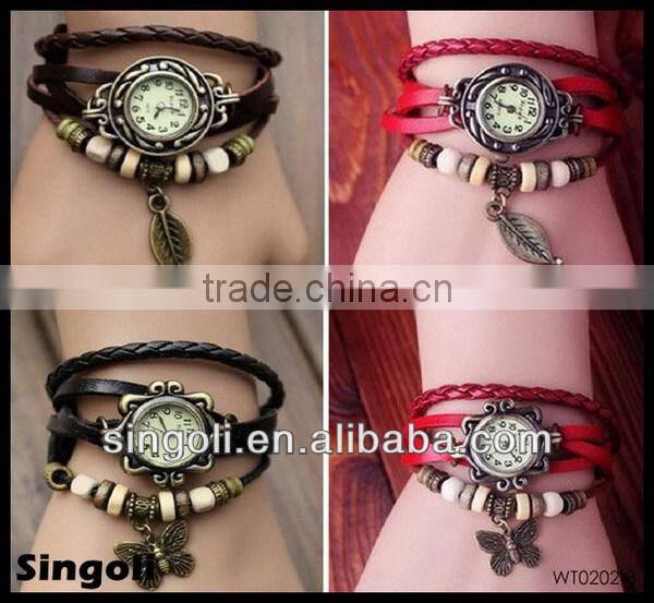 2014New design genuine leather band watch, leaf pendant vingtage watch