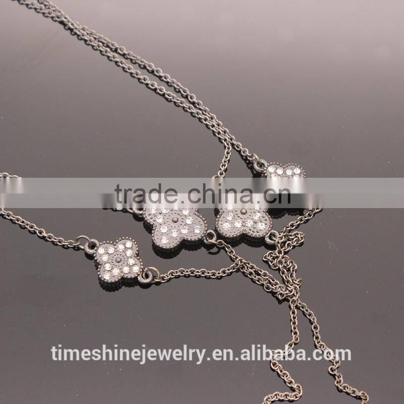 Fancy women fashion coustume jewelry gold crystal rhinestone layered clover necklace