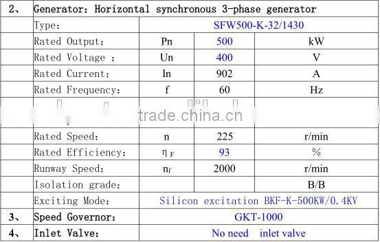 500kw Tubular water turbine/Small hydropower water turbina price/Hydropower plant