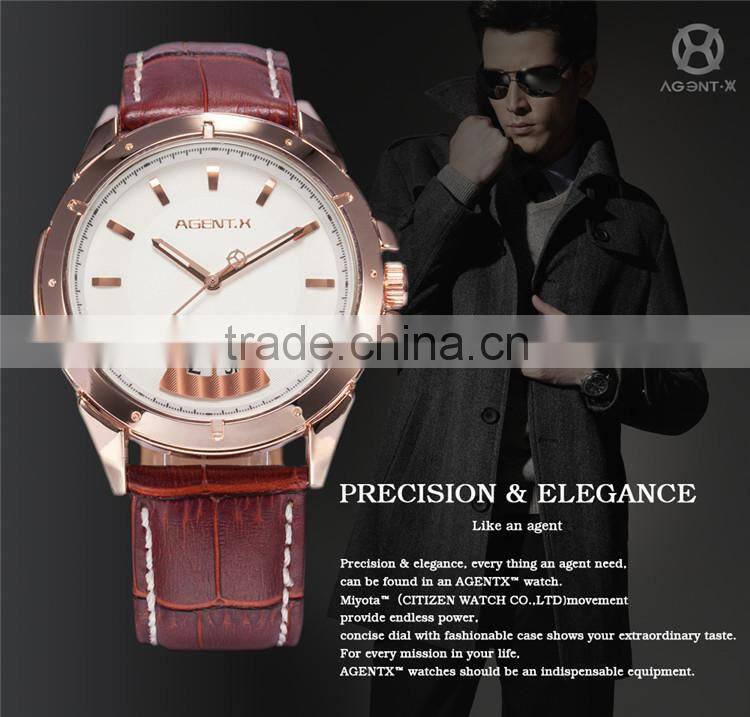 Date Rose Gold Case Analog Leather Strap Male Quartz Clock Men Business Watch