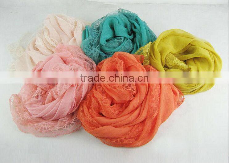 2014 Newest Style Solid Color Silk Chiffon Scarves Lady Girls Lace Edging Scarf Shawl Black Wholesale