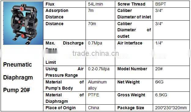 3/4'' Double Pneumatic PTFE Membrane Ink Pump 20#