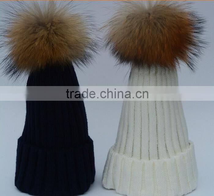 Children hat kids hat Children Winter Raccoon Fur Hats 100% Real 15cm Fur pompom Beanies Cap Natural Fur Hat For Kids Children