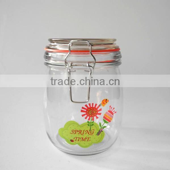 airtight printed glass jam honey storage jar with latch top lid