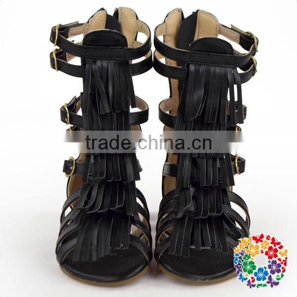 Children Summer Fashion Flat High Tassel Fringe White And Black Leather Sandal