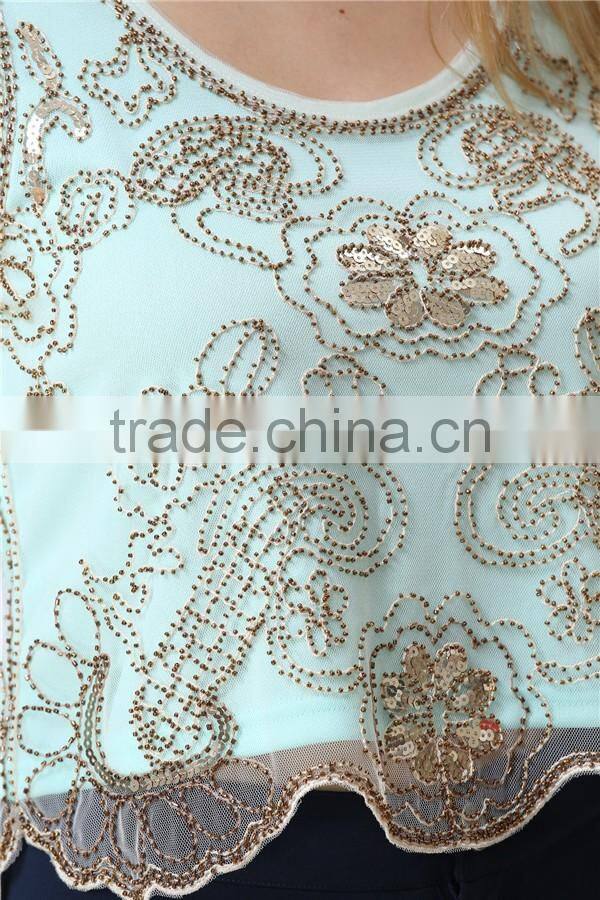 new design ladies sequin embroideried beaded cami top