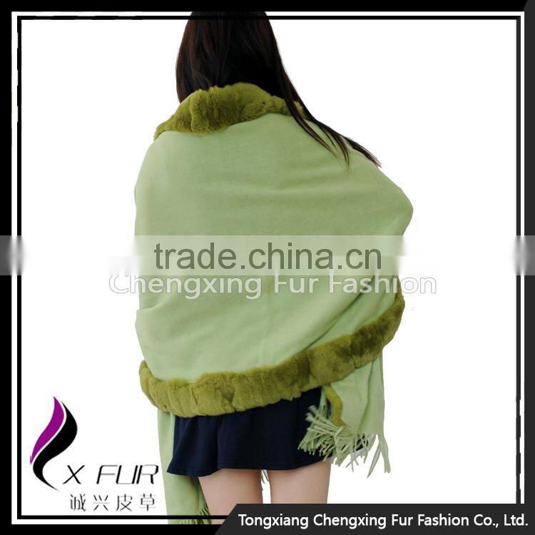 CX-B-P-48B 2016 Ladies Latest Rex Rabbit Fur Trim Shawls and Scarves Pashmina