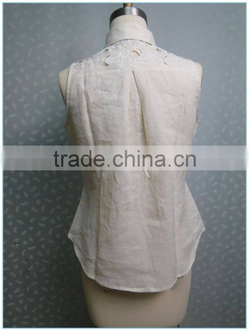 Ladies Sexy Cutwork Blouse Linen Sleeveless Shirt