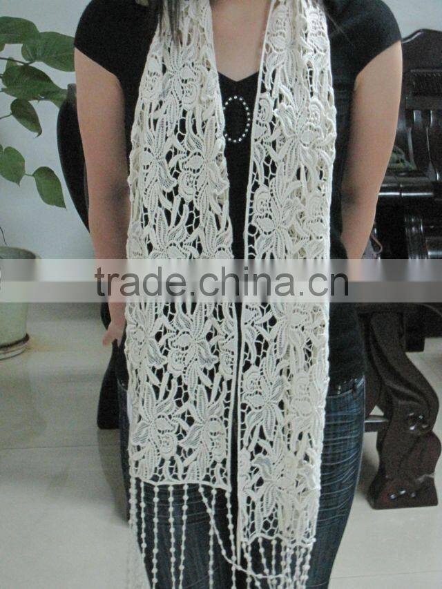 wholesale cotton crochet lace scarf embroidery flower with tassels