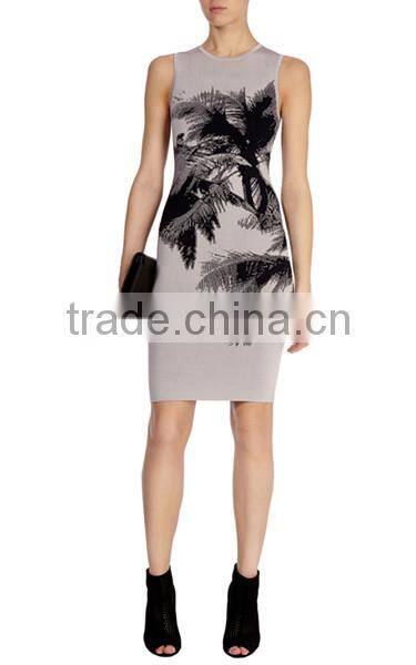 Direct sale classic palm tree pattern print bandage knit dress