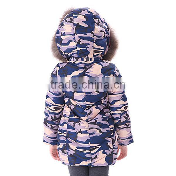 2015 New Design Little Girls' Camouflage Down Jacket With Fur Hoody