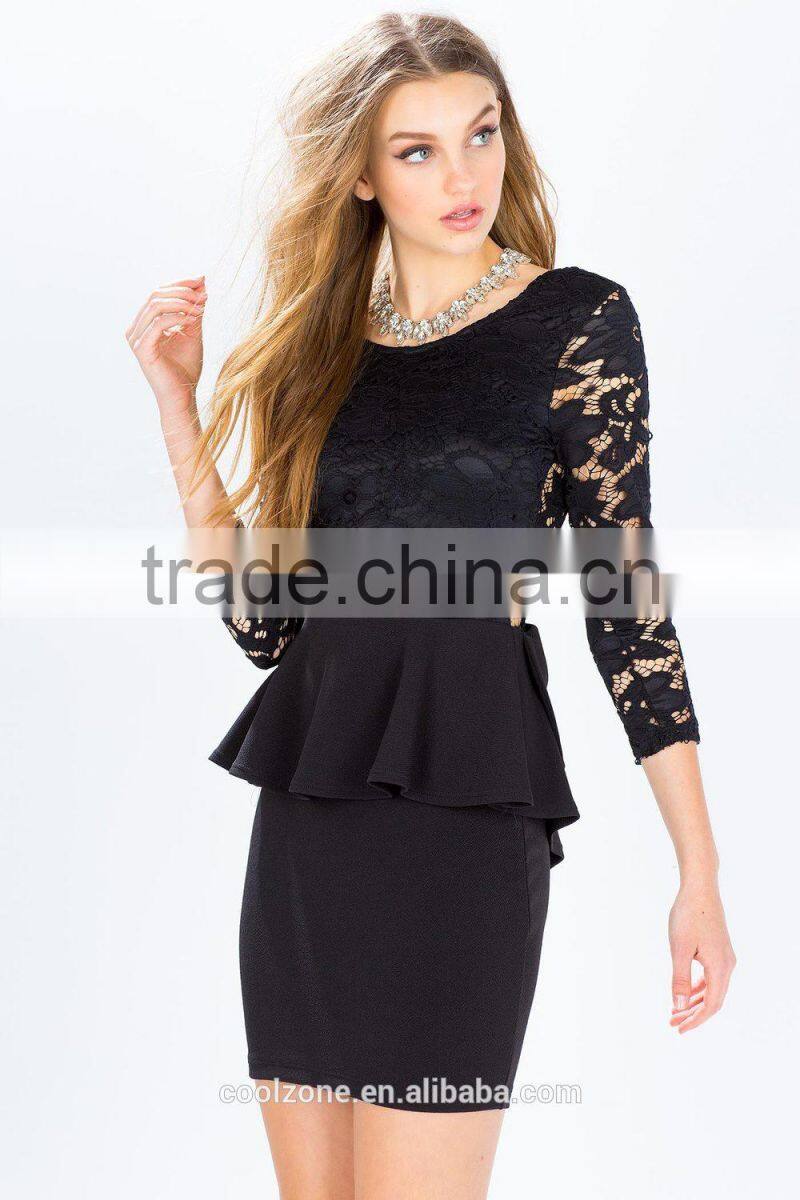 Three-quarter sheer sleeves V back peplum lace dress design