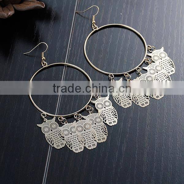 New Fashion Round Gold Plated Halloween Owl Hollow Copper Filigree Stamping Earrings Ear Wire Hooks